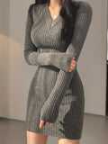 Solid Knit Sweater Dress, Elegant V Neck Long Sleeve Bodycon Dress For Fall & Winter, Women's Clothing