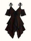 Spring/Summer Chic Midi Dress: Sexy Cold Shoulder, Lace-Up, Trendy Y2K Asymmetrical Hem - Perfect Fit & Easy Care