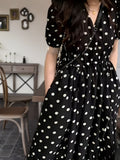 Polka-dot Print V-neck Aline Dress, Elegant Puff Sleeve Dress For Spring & Summer, Women's Clothing