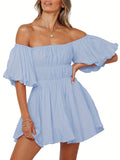 Off Shoulder Ruched Dress, Sexy Puff Sleeve Solid Dress For Spring & Summer, Women's Clothing