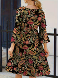 Plus Size Boho Dress, Women's Plus Paisley Floral Print Long Sleeve Round Neck Slight Stretch Knee Length Dress