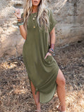 Chic Crew Neck T-shirt Dress - Casual Long-Length with Asymmetrical Hem, Soft Cotton Blend, Perfect for All Seasons