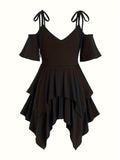 Spring/Summer Chic Midi Dress: Sexy Cold Shoulder, Lace-Up, Trendy Y2K Asymmetrical Hem - Perfect Fit & Easy Care