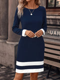 Striped Crew Neck Dress, Elegant Long Sleeve Slim Fit Dress For Spring & Fall, Women's Clothing