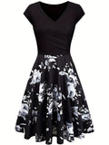 Charming Floral Print V-Neck Dress - Stylish & Flowy Short Sleeve Style - Perfect for Spring & Summer - Womens Casual to Formal Wear