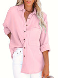 Solid Color Button Front Shirt, Casual Long Sleeve Shirt For Spring & Fall, Women's Clothing