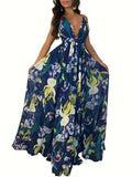 Womens Sexy Spaghetti Strap Deep V Neck Floral Boho Criss Cross Backless Chiffon Beach Party Long Maxi Dress