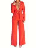 Two-piece Set, Long Sleeve Tie Front Blazer & Tailored Pants Outfits, Casual Solid Women's Clothing