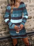 Vibrant Multicolor Striped V-Neck Long Sleeve Knitted Sweater Dress - Soft, Stylish, and Cozy with Patched Pockets and Above Knee Length - Perfect for Women's Casual Daily Wear and Outdoor Activities