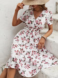 Floral Print Shirred Waist Dress, Boho V Neck Short Sleeve Dress, Women's Clothing