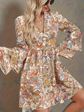 Paisley Print Tiered Flared Sleeve Dress, Boho V Neck A-line Dress For Spring & Fall, Women's Clothing