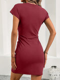 Vibrant Solid Color Crew Neck Pencil Dress - Elegant, Ruched, Micro Elastic, Frill Details, Machine Washable - Perfect for Spring, Summer, and Fall Seasons