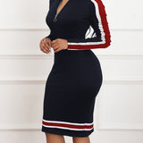 Zjkrl  -  Chic Zip-Up Striped Print Dress - Long Sleeve Bodycon Midi for All-Season Chic - Womens Casual Fashion Clothing Perfect for Everyday Glamour