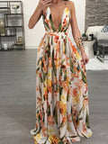 Womens Sexy Spaghetti Strap Deep V Neck Floral Boho Criss Cross Backless Chiffon Beach Party Long Maxi Dress