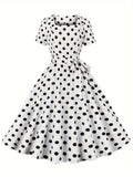 Vibrant Polka Dot A-Line Dress - Elegant Square Neck, Short Sleeve, Micro Elastic Polyester Fabric, Belted, Machine Washable, Random Print, All-Season Party Dress for Women