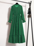 Pin Dot Print Dress, Vintage Tie Neck Long Sleeve A Line Dress, Women's Clothing