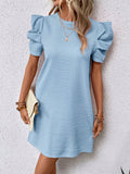 Chic Puff Sleeve Spring & Summer Dress - Women's Elegant Crew Neck Midi, Breathable Comfort for Day-to-Night Sophistication