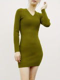 Solid Knit Sweater Dress, Elegant V Neck Long Sleeve Bodycon Dress For Fall & Winter, Women's Clothing