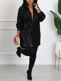 Zjkrl  -  Plus Size Glamour - Sequined, Long Sleeve, Turn Down Collar, Button Up Shirt Dress for Women - Perfect for Party, Evening, and Formal Occasions