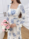 Stunning Floral Print Square Neck A-line Maxi Dress - Women's Elegant Long Sleeve Dresses for Spring & Fall - Comfortable, Flowy, and Versatile Clothing for Various Occasions