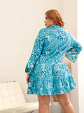 Plus Size Boho Dress, Women's Plus Floral Print Long Sleeve Notched Neck Knee Length Smock Dress