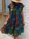 Boho-Chic Patchwork Dress with Ruffle Sleeves - Perfect for Spring & Summer Events, Women's Fashion