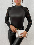 Elegant All-Season Crew Neck T-Shirt with Semi-Sheer Geometric Lace Sleeves - Comfort and Style Combined