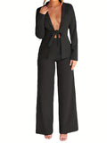 Two-piece Set, Long Sleeve Tie Front Blazer & Tailored Pants Outfits, Casual Solid Women's Clothing