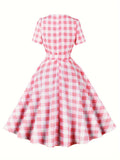 Vibrant Polka Dot A-Line Dress - Elegant Square Neck, Short Sleeve, Micro Elastic Polyester Fabric, Belted, Machine Washable, Random Print, All-Season Party Dress for Women