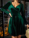 Plus Size Solid Velvet Swing Cinched Waist Dress - Elegant Long Sleeve V Neck, Flattering Fit for Spring & Fall, Women's Comfortable Clothing for Curvy Figures