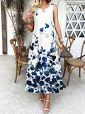 Floral Print Keyhole Dress, Boho Sleeveless Crew Neck Maxi Dress With Pocket, Women's Clothing