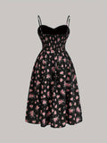 For Spring & Summer, Elegant Sleeveless Cami Dress with Floral Print Lace Trim, Spaghetti Strap, Tie Waist, Women's Clothing