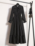 Pin Dot Print Dress, Vintage Tie Neck Long Sleeve A Line Dress, Women's Clothing