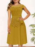 Elegant Lace Contrast Dresses, Cap Sleeve Crew Neck A Line Dresses With Belted, Women's Clothing