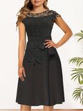 Elegant Lace Contrast Dresses, Cap Sleeve Crew Neck A Line Dresses With Belted, Women's Clothing