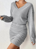 Elegant All-Season Ribbed Knit Dress: V-Neck with Lantern Sleeves, Versatile & Easy-to-Care - Perfect for Every Occasion