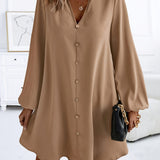 Zjkrl  -  Effortlessly Chic Solid Color V-Neck Dress - Long Sleeve, Loose Fit for Spring & Fall - Stylish Womens Wardrobe Essential