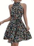 Vibrant Ditsy Floral Halter Dress - Fashion-Forward Style for Spring & Summer Vacations - Lightweight, Casual Womens Clothing