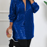 Zjkrl  -  Plus Size Glamour - Sequined, Long Sleeve, Turn Down Collar, Button Up Shirt Dress for Women - Perfect for Party, Evening, and Formal Occasions