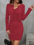 Two-piece Set, Long Sleeve Ribbed Solid Button Front Cardigan & Spaghetti Strap Bodycon Dress Outfits for Women