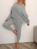 Casual Solid Two-piece Knit Set, Long Sleeve Slant Shoulder Top & Drawstring Pants Outfits, Women's Clothing