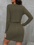 Two-piece Set, Long Sleeve Ribbed Solid Button Front Cardigan & Spaghetti Strap Bodycon Dress Outfits for Women