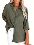 Solid Color Button Front Shirt, Casual Long Sleeve Shirt For Spring & Fall, Women's Clothing