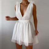 Zjkrl Mini Dress - Tulle Plunge Dress in White