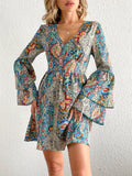 Paisley Print Layered Dress, Boho V Neck Long Sleeve Pleated Dress, Women's Clothing