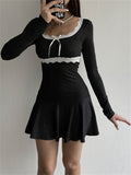 Y2K-Inspired Cotton Knit Dress: Elegant Lace, Crew Neck, Ruffle Hem - Perfect for Spring/Fall, Comfort Fit