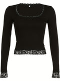 Y2K Inspired Contrast Lace Crop Top - Soft Scoop Neck, Long Sleeves, Slim Fit for Spring & Fall - A Fashionable Womens Wardrobe Staple