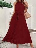 Solid Pleated Dress, Elegant Sleeveless Knotted Maxi Dress, Women's Clothing