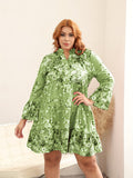 Plus Size Boho Dress, Women's Plus Floral Print Long Sleeve Notched Neck Knee Length Smock Dress