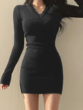 Solid Knit Sweater Dress, Elegant V Neck Long Sleeve Bodycon Dress For Fall & Winter, Women's Clothing